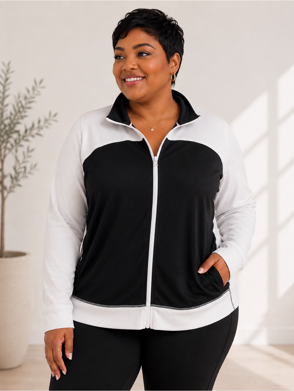 Color Block Athleisure Zip Front Track Jacket 3X Activewear Black White